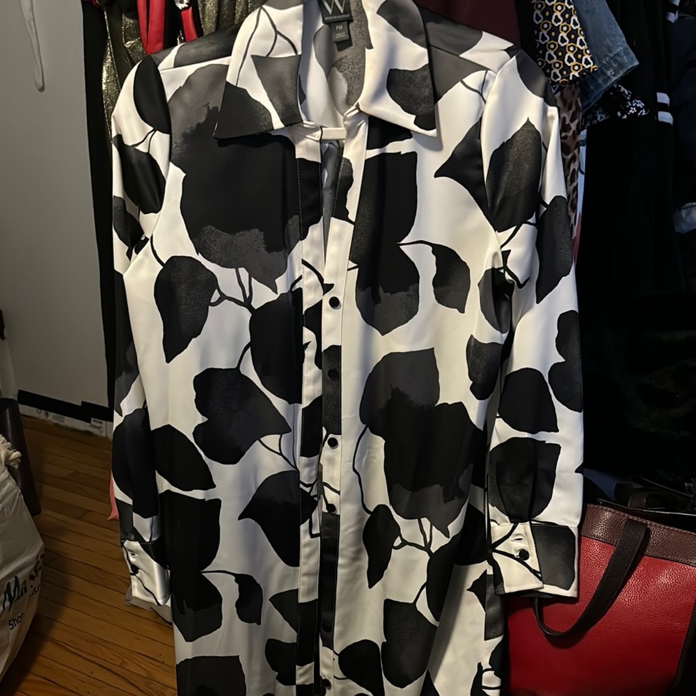 Worthington Black/🤍🩶 White Tie Front Shirt Dress - Picture 7 of 8